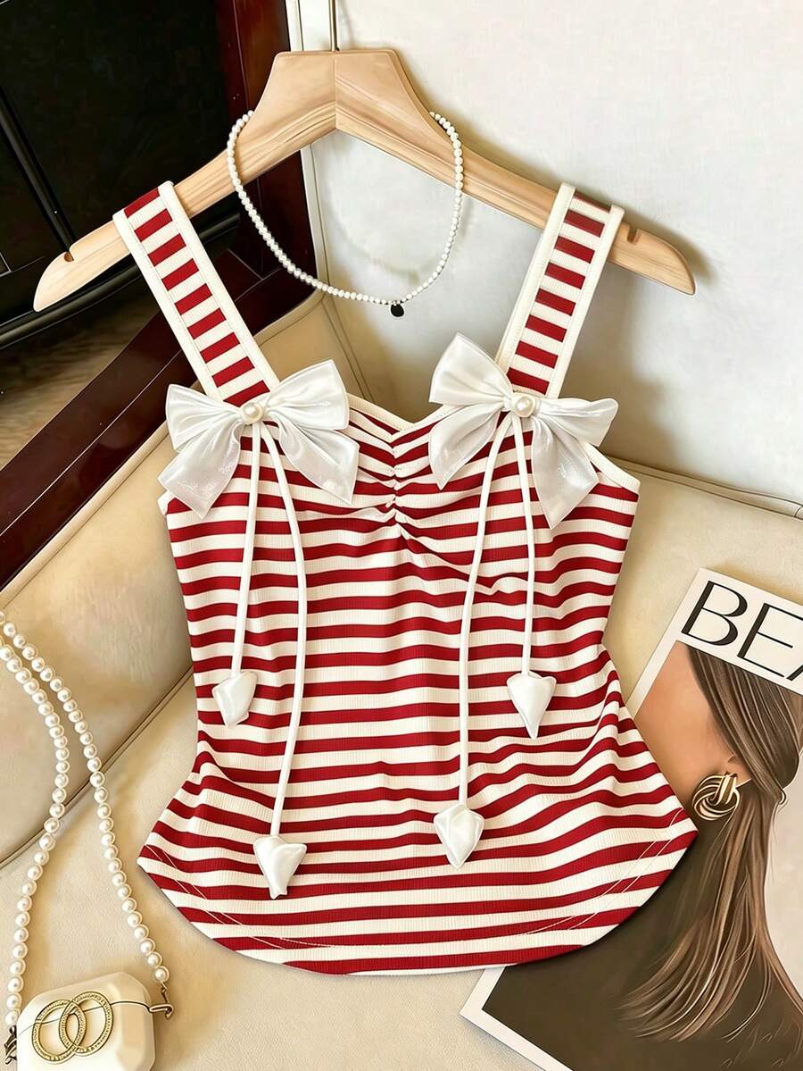 GlowEve Áo tank top nữ kẻ sọc, đính hoa 3D và nơ ruy băng, thích hợp mặc mùa hè. - Đỏ - Xem 1