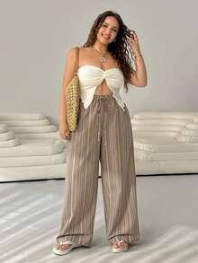 SHEIN EZwear Quần dài kẻ sọc buộc eo bằng vải lanh cotton thoải mái thường ngày cỡ lớn - Nhiều màu - Xem 5