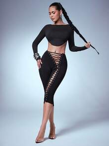 Denimoi Pantaloni Capri cu șireturi, pantaloni sexy, elastici, Capri, GNO, ținute de club, ținute de concert, ieșiri în oraș - Negru - Vizualizare 3