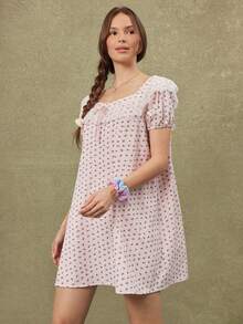 WESTFADE Sweetheart Neck Bow Front Short Puff Sleeve Floral Gingham & Lace Babydoll Pink Mini Dress, Dresses For Women, Plaid Women's Country Style Female Look - Pink - View 4