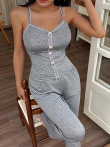 SHEIN 2 件套女士撞色装饰吊带背心和直筒裤睡衣套装两件套家居服女士休闲装 - 灰色 - 查看 6