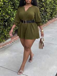 Veslaya Plus Size Women Olive Green Autumn Jumpsuit,V-Neck Puff Sleeve Elastic Waist Woven Fabric Romper,Smart Casual Everyday Commute Elegant Business Outfit - Army Green - View 10