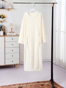 Bata gruesa y cálida para mujer en invierno, bata de baño de felpa larga, ropa de estar en casa con bolsillos, bata de estar en casa suave y esponjosa, camisón holgado y acogedor - Multicolor - Ver 7