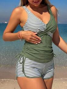 Swim Lushoire Áo bikini hai dây kiểu dáng rộng rãi, thoải mái, thích hợp cho kỳ nghỉ xuân của nữ, in họa tiết cây nhiệt đới, thích hợp cho bãi biển. - xanh quân đội - Xem 4