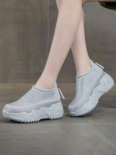 Tenis casuales brillantes con strass para mujer, estilo deslizable de fácil calzado con suela plataforma elevada gruesa, calzado versátil elegante para fiestas salidas informales y uso diario
