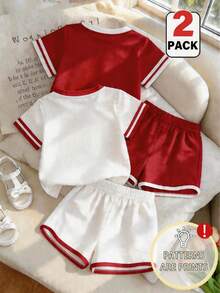 Souflis Souflis 2 pezzi/Set Top e Pantaloncini con Stampa Ciliegie & Fiocchi, Stile Estivo Comodo Carino Bianco Rosso Casual Abbigliamento Quotidiano Alla Moda Per Ragazze Giovani - Bianco - Visualizzare 2