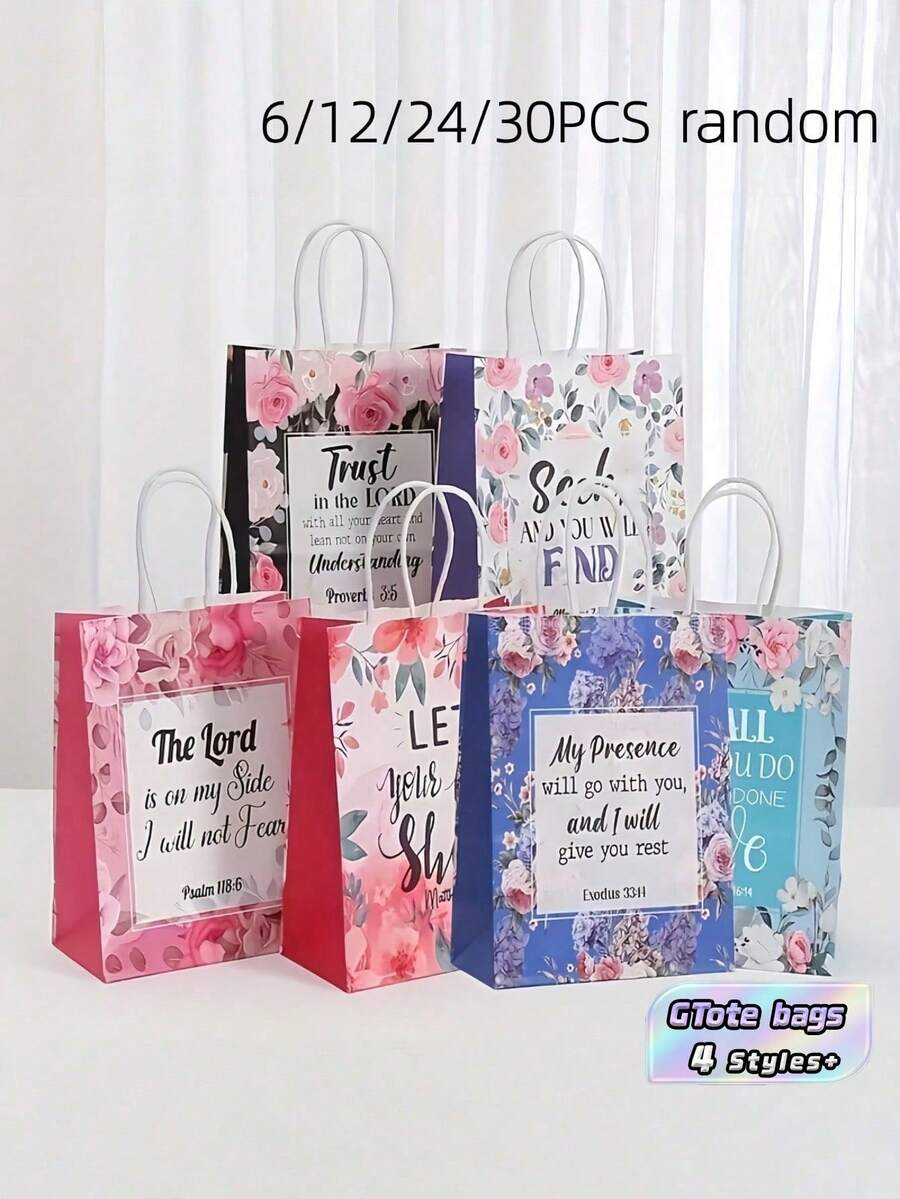 6/12/24/30PCS Scripture Floral Gift Bags With Handles Reusable Bible Verse Tote Paper Bags For Christian Baptism Wedding Birthday Favor Wrapping Women Gift - Color Mixing - View 1