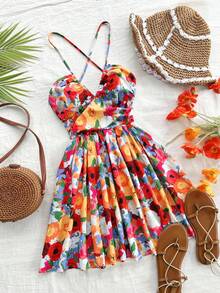 SHEIN Váy dài hở lưng chữ V sâu in họa tiết hoa rực rỡ màu cam-đỏ-trắng cho bé gái tuổi teen, thích hợp cho tiệc cưới, lễ tốt nghiệp, trở lại trường, tiệc trưa dễ thương, tiệc độc thân, váy mùa hè, kỳ nghỉ/ngày lễ, cổ điển//bãi biển/biển/thanh lịch/váy/dễ thương - Nhiều màu - Xem 9