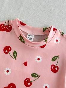 SHEIN Vintaside Kids Ensemble t-shirt imprimé simple et à la mode à col rond et sans manches pour bébé fille d'été, assorti à des shorts décontractés simples et polyvalents, convenant aux loisirs quotidiens, aux jeux de plage ou aux promenades au parc - Rose bonbon - Voir 5