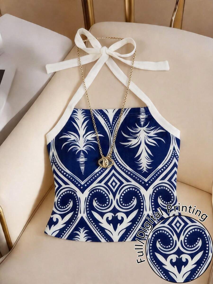 Franclia Áo thun nữ kiểu dáng thường ngày, hở lưng, cổ yếm, in họa tiết, thích hợp cho kỳ nghỉ. - Nhiều màu - Xem 1
