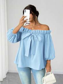 SHEIN Elenzya Áo kiểu trễ vai gợi cảm buộc dây dành cho nữ cỡ lớn - Màu xanh nhạt - Xem 5