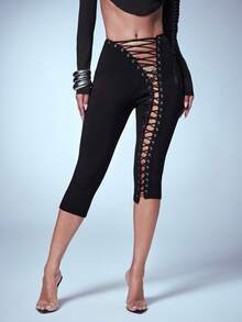 Denimoi Pantaloni Capri cu șireturi, pantaloni sexy, elastici, Capri, GNO, ținute de club, ținute de concert, ieșiri în oraș - Negru - Vizualizare 1