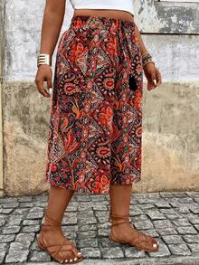 Breezaya Plus Size Women Allover Print Pocket Casual Versatile Daily Wear Pants - Red - View 4