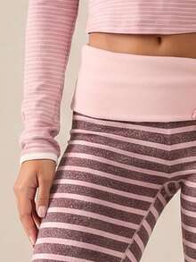 SHEIN BAE Quần ống loe kẻ sọc dáng rộng dành cho nữ, có cạp gập xuống, kiểu legging. - Nhiều màu - Xem 3