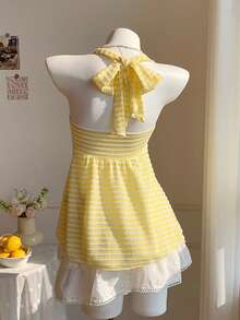 Comfortcana Women's Summer Striped Twist Back Halter Top,Summer Top - Yellow - View 2