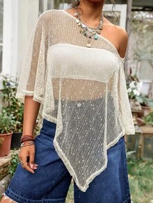 Freevana Plus Size Women Solid Color Sequin Asymmetric Hem Fashionable Blouse - Apricot - View 6