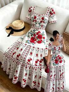 Elenzga Women's French Casual Vacation Delicate Rose Flower Collar Strap Ruffle Decor Matching Petal Sleeve Waist Ruffle A-Line Dress - Multicolor - View 1