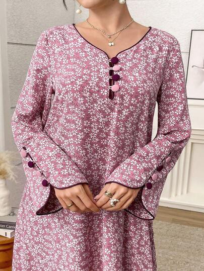 Al Najma Đầm maxi dài tay cổ chữ V in hoa kiểu Ả Rập dành cho nữ cỡ lớn
