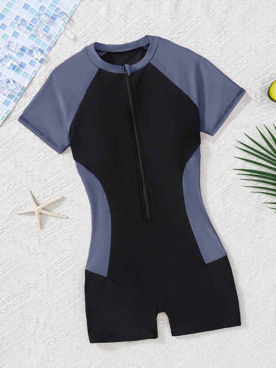 SHEIN Maiô com Recorte de Cores Preto e Rosa para Adolescentes, Manga Curta, Decote Redondo, Barra Reta, Modelo Modesto para Praia e Férias de Verão - Azul - Visão 1
