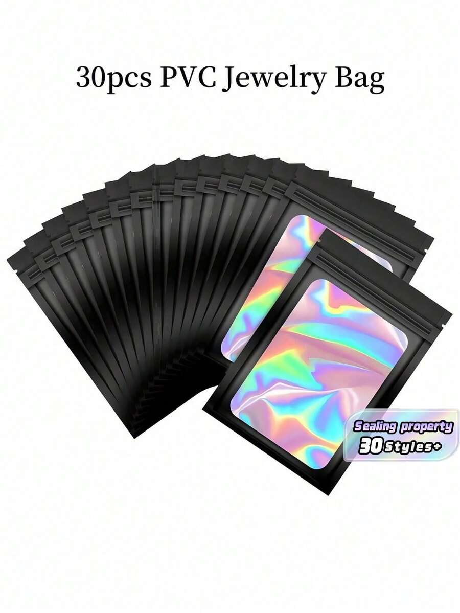 30pcs PVC Jewelry Storage Bag, Laser Transparent Black Packaging Bag,Sealable Bags For Packaging,Minimalist Solid Jewelry Bag For Bracelets, Home Gift For Valentine's Day - Black - View 1