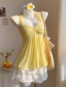 Comfortcana Women's Summer Striped Twist Back Halter Top,Summer Top - Yellow - View 6