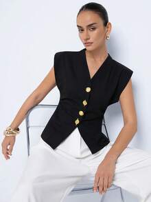 Aveloria Modichic 新款时尚高端收腰V领盖袖背心，优雅开叉不对称金属纽扣百搭通勤衬衫 - 黑色 - 查看 6