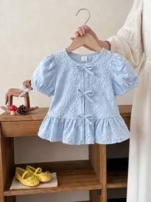 SHEIN LMoss Kids Áo sơ mi nữ trẻ trung, chất liệu jacquard, màu vàng, kiểu dáng thường ngày, cài khuy phía trước, dáng ngắn. - Màu xanh lam - Xem 2