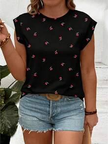 EMERY ROSE New Arrival Plus Size Women's Fashion Casual Versatile Cherry Print Round Neck Cap Sleeve T-Shirt - Multicolor - View 1