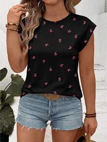 EMERY ROSE New Arrival Plus Size Women's Fashion Casual Versatile Cherry Print Round Neck Cap Sleeve T-Shirt - Multicolor - View 4