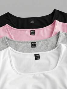 SHEIN EZwear 4件/組休閒簡約純色舒適方領套頭短袖大尺碼女款T恤，適合春夏季 - 彩色 - 查看 11