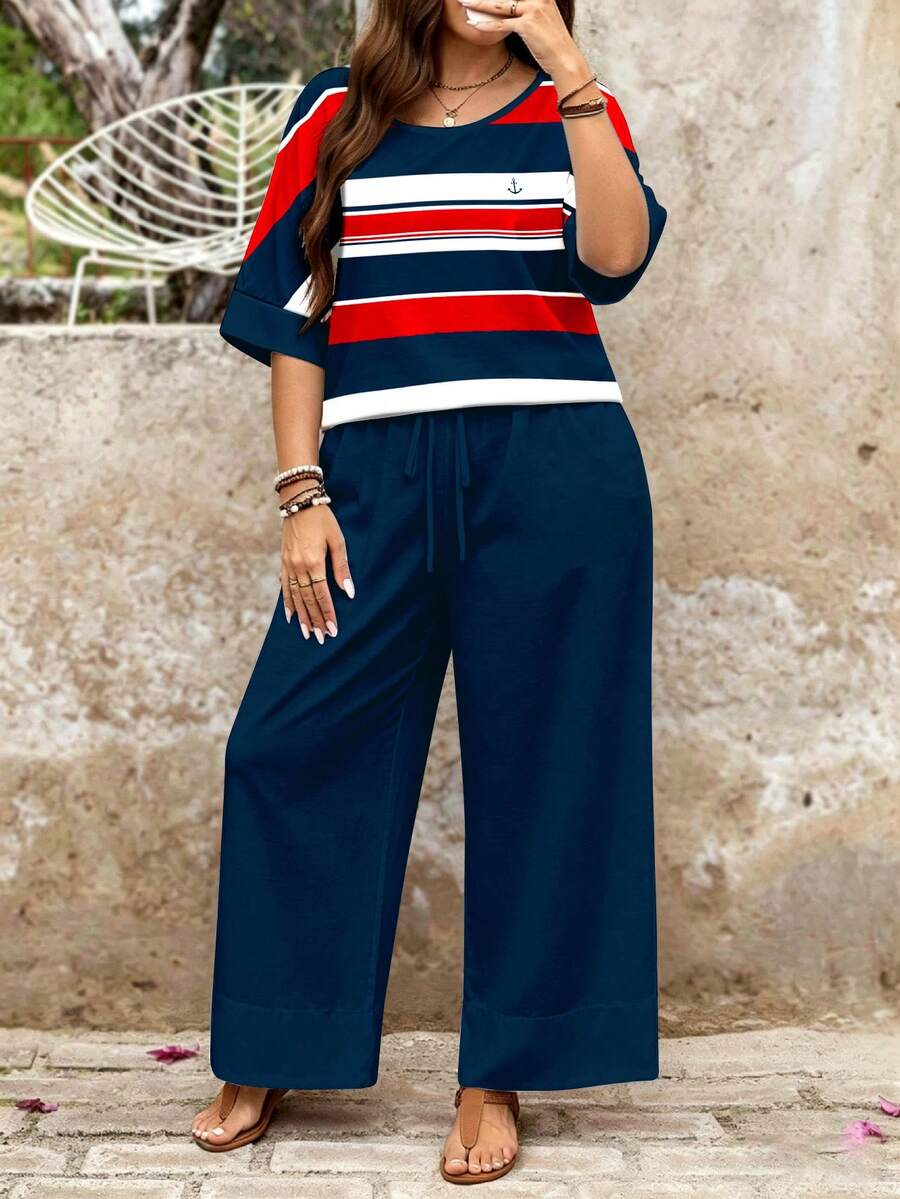 SHEIN LUNE Bộ đồ hai mảnh phong cách hải quân tối giản thường ngày, họa tiết sọc đỏ, xanh dương và trắng, phù hợp cho phụ nữ cỡ lớn vào mùa hè. - Nhiều màu - Xem 1