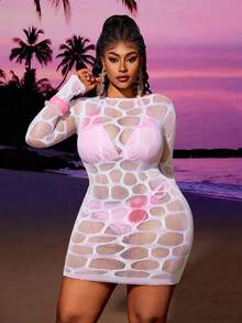 Maweii Plus Size Women's Sexy Sheer Mesh Elastic Long Sleeve Bodycon Dress - White - View 1