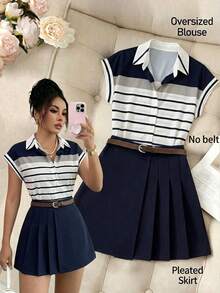 SHEIN Franclia Women's Spring/Summer Commuting & Casual Outfit, Collared Striped Print Button-Front Short Sleeve Top And Solid Color Pleated A-Line Skirt Set - Navy Blue - View 1