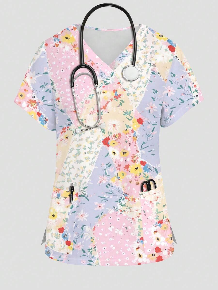 PopScrub Ditsy Floral Patchwork Nurse Uniform Top, V-Neck Short Sleeve Design With Pockets And Side Slits, Cute Scrub Top, Women's Nursing Uniform Top - Multicolor - View 1