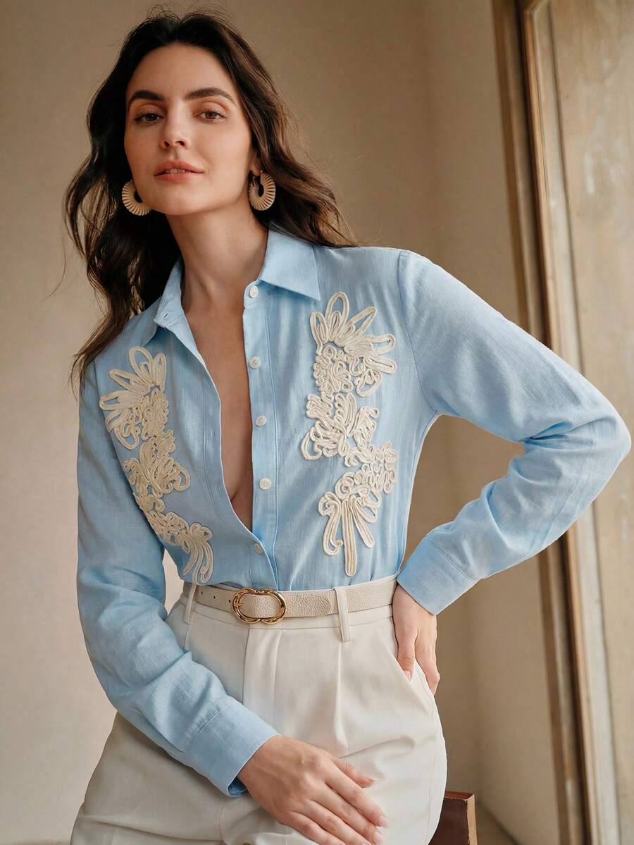 Anewsta Nueva llegada Primavera/Verano Elegante Moda Casual Salir de Vacaciones Cita Camisa de lino de manga larga bordada - Celeste - Ver 1
