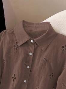 Franclia 女士镂空纽扣装饰长袖度假衬衫 - 棕色 - 查看 4