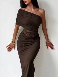 Aloruh Elegant Dark Brown Summer Dress,One Shoulder Ruffle Mesh Lace Patchwork See-Through Waist Slim Fit,Dining Vacation Holiday Wedding Guest Beach Dress - Brown - View 10