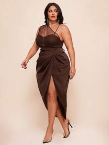 SHEIN BAE Vestido negro de malla con abertura y drapeado para mujer de talla grande - Marrón - Ver 6