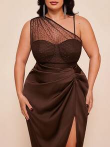 SHEIN BAE Vestido negro de malla con abertura y drapeado para mujer de talla grande - Marrón - Ver 7
