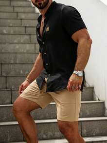 Manfinity Homme Men's Embroidered Design Short Sleeve Shirt And Shorts Casual Set - Black - View 5