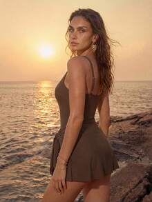 Swim Chiccia Maillot de bain une pièce plissé de couleur unie pour femmes, convient pour les vacances à la plage, les fêtes de piscine, les fêtes de plage - Tabac - Voir 4