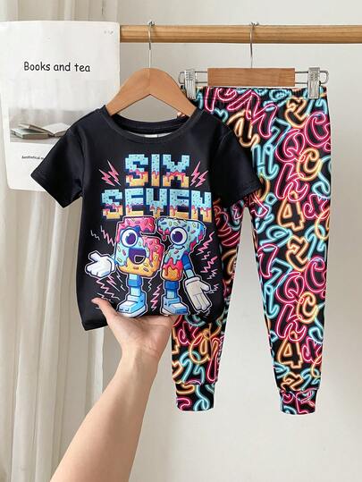 SHEIN Cartoon Cute Pattern Casual Minimalist Snug Fit Comfortable Round Neck Short Sleeve Pants Home Outfit, Suitable For Summer Children Pajamas Home Set