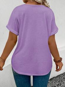 EMERY ROSE Women's Casual V-Neck Turnup Sleeve Short Sleeve All-Match Versatile Plus Size T-Shirt, Spring/Summer - Lilac Purple - View 2