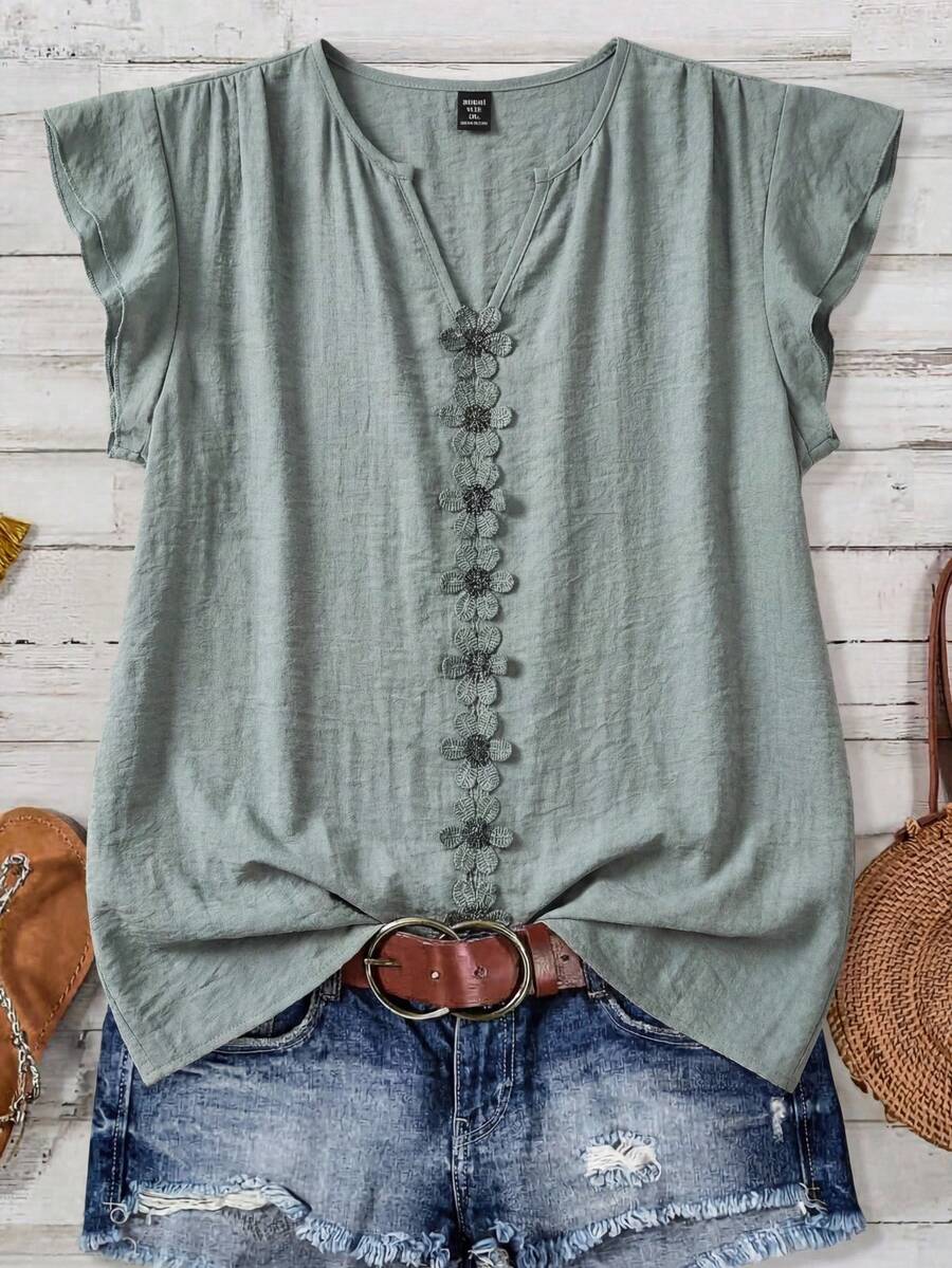 Reflora Plus Size Women's Sage Green Summer Boho Blouse, Textured Patchwork Ruffle Armhole Loose Top, Elegant Casual Vacation Holiday