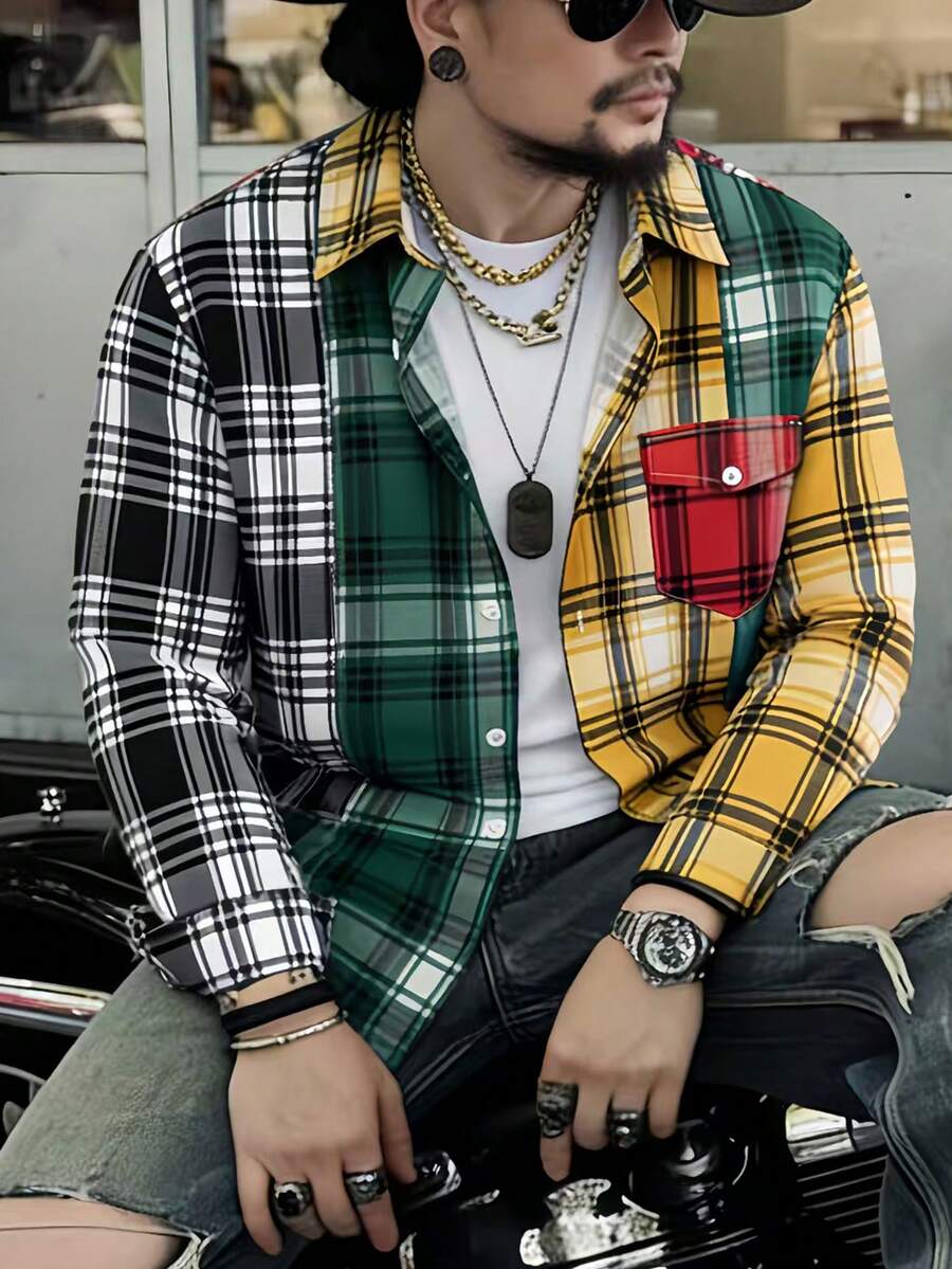 Manfinity Homme Men's Patchwork Turndown Collar Long Sleeve Shirt, Men's Plaid Shirt For Autumn/Winter - Red - View 1