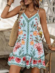 Swim Vcay Đầm đi biển nữ kiểu Bohemian in họa tiết chắp vá, vạt áo xếp ly bất đối xứng, dây đeo có thể điều chỉnh, thích hợp cho mùa hè. - Màu xanh nhạt - Xem 1