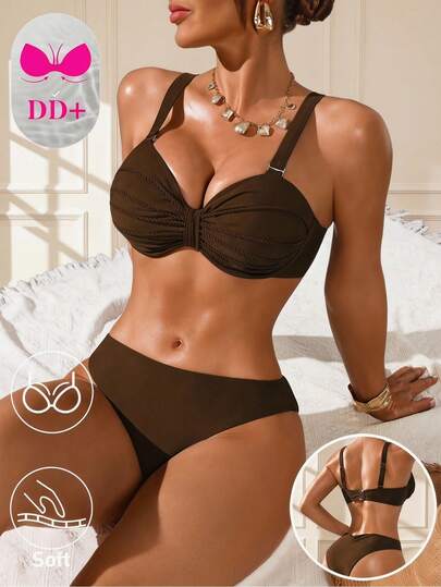 Swim DD+ Bộ bikini đi biển hở lưng màu trơn dành cho nữ, thời trang mùa hè.