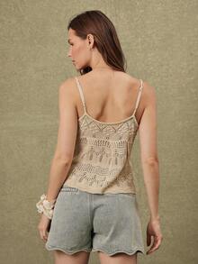 WESTFADE Mixed Pointelle Stitch V Neck Tie Front Flyaway Sleeveless Knit Top - White - View 2