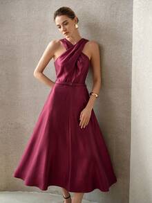 MOTF PREMIUM WOMEN'S SUMMER CROSSOVER NECK WAIST CINCHED PARTY EVENING DRESS, FOR DAILY WEAR - Red Violet - View 6