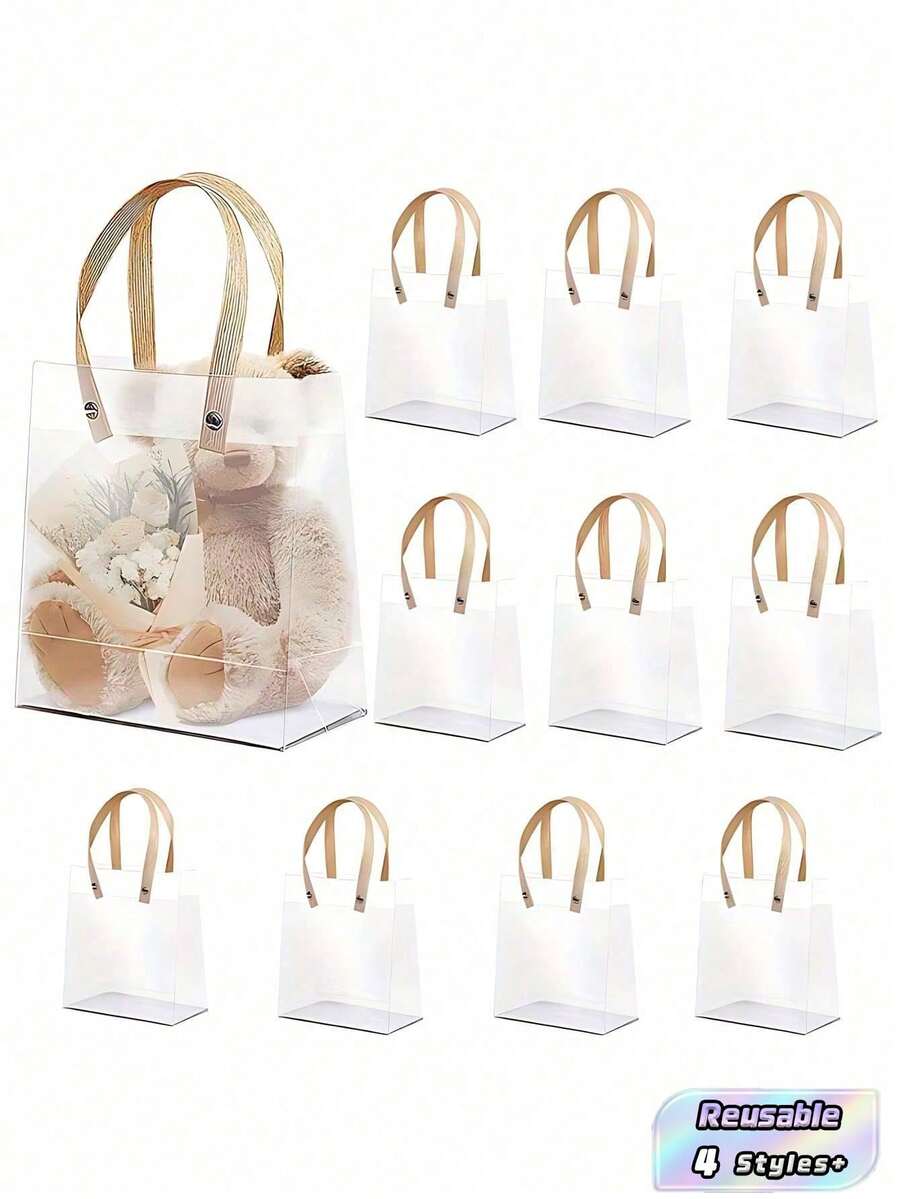 5/10pcs Reusable Frosted Clear Plastic Gift Bags With Brown Straw Handles Party Favor Bags For Birthday Wedding Valentine's Mother's Day Graduation Party Decorations - Clear - View 1